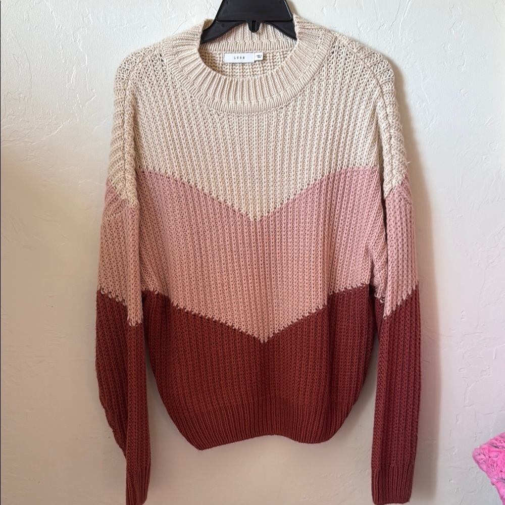 Lush Cream and Pink Crew Neck Sweater Chevron Design